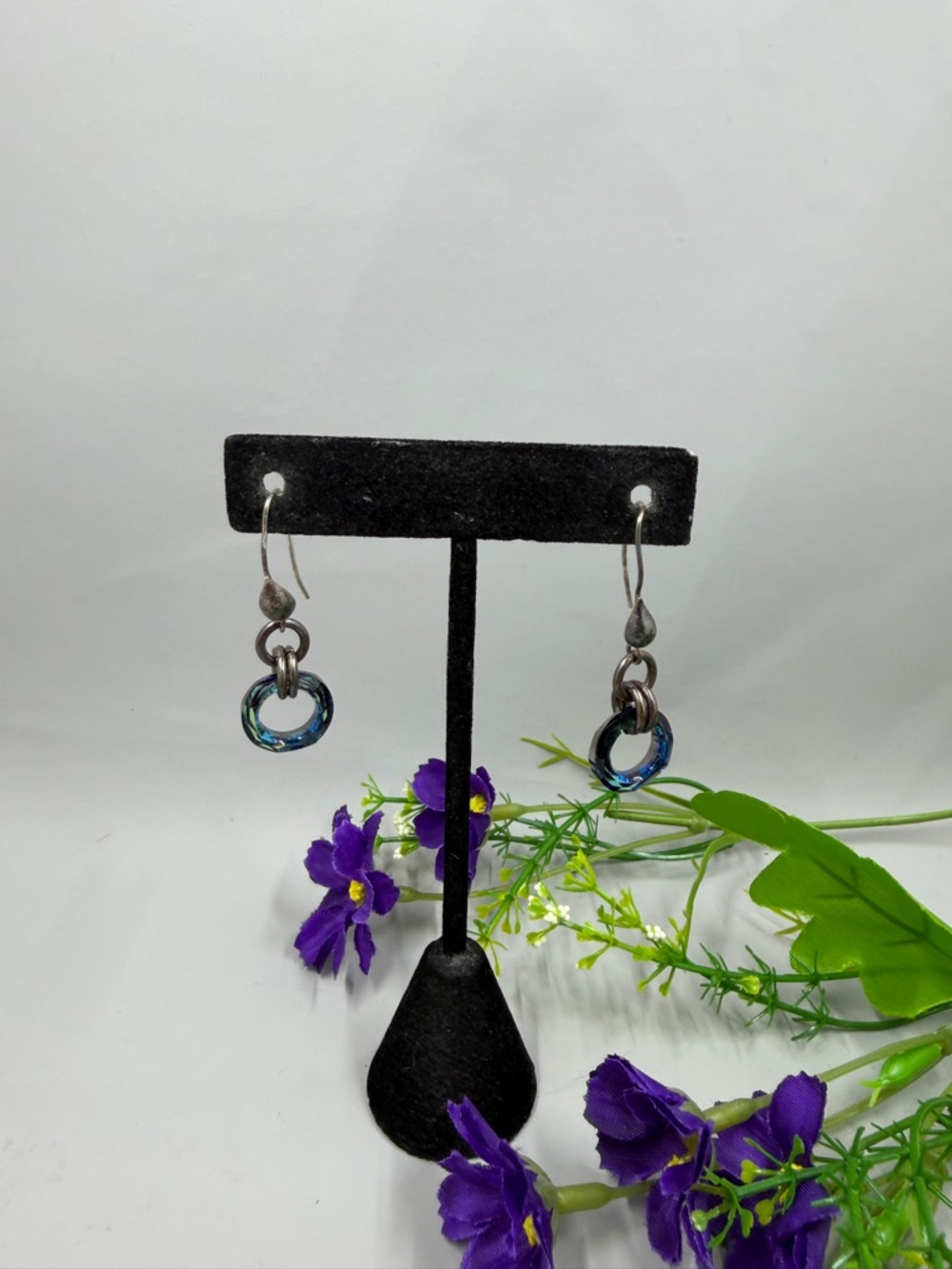 925 Sterling Silver Handmade Iridescent Blue Crystal Hoop Drop Earrings